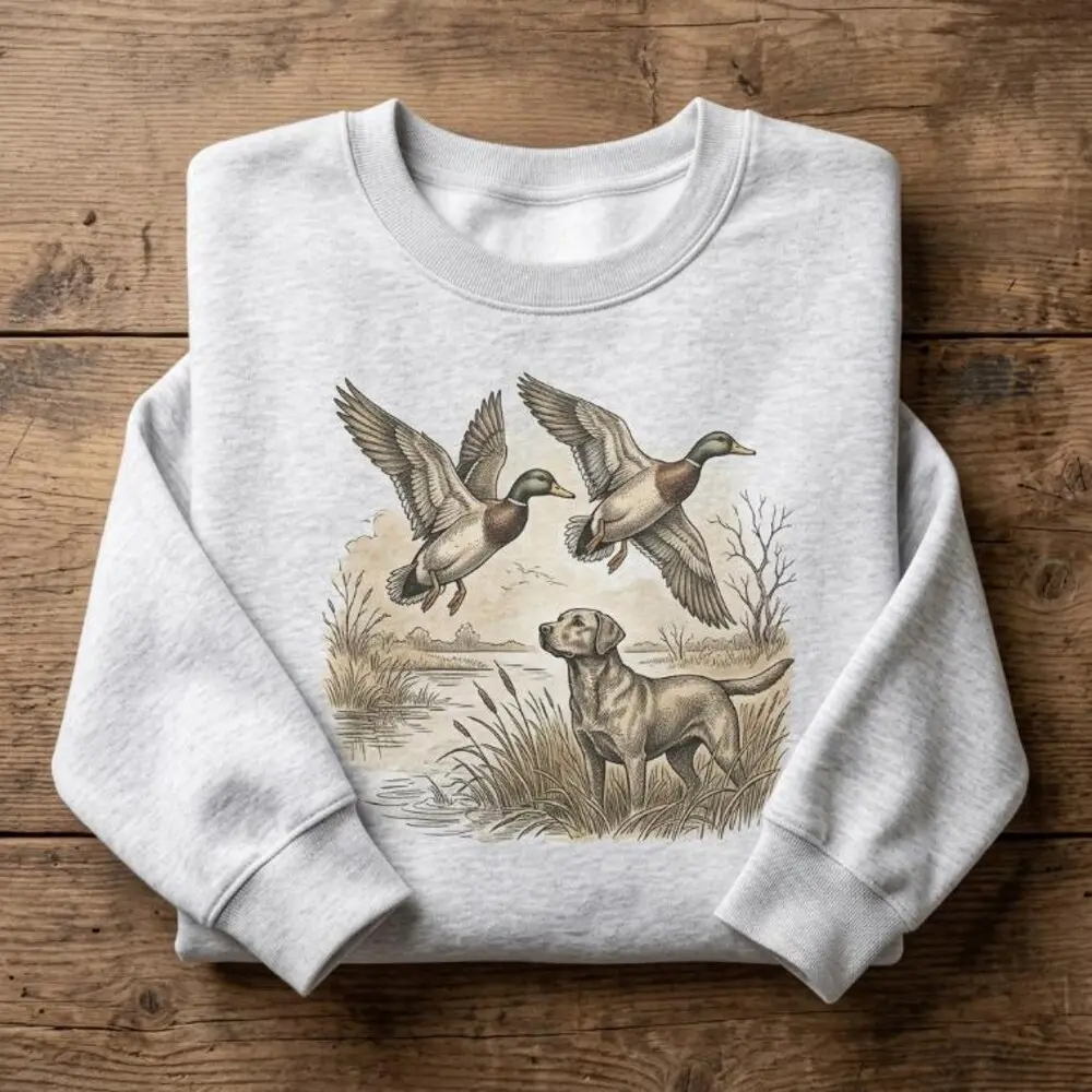 Unisex Vintage Sweatshirt with Yellow Lab Graphic Print, Long Sleeve Polyester Blend Crew Neck Top, Tops, Round Neck, Digital Print, Regular, Fitted Cut, All Seasons, Longsleeves, Clothes, Do Not Dry Clean, Hand Wash Only, Retro
