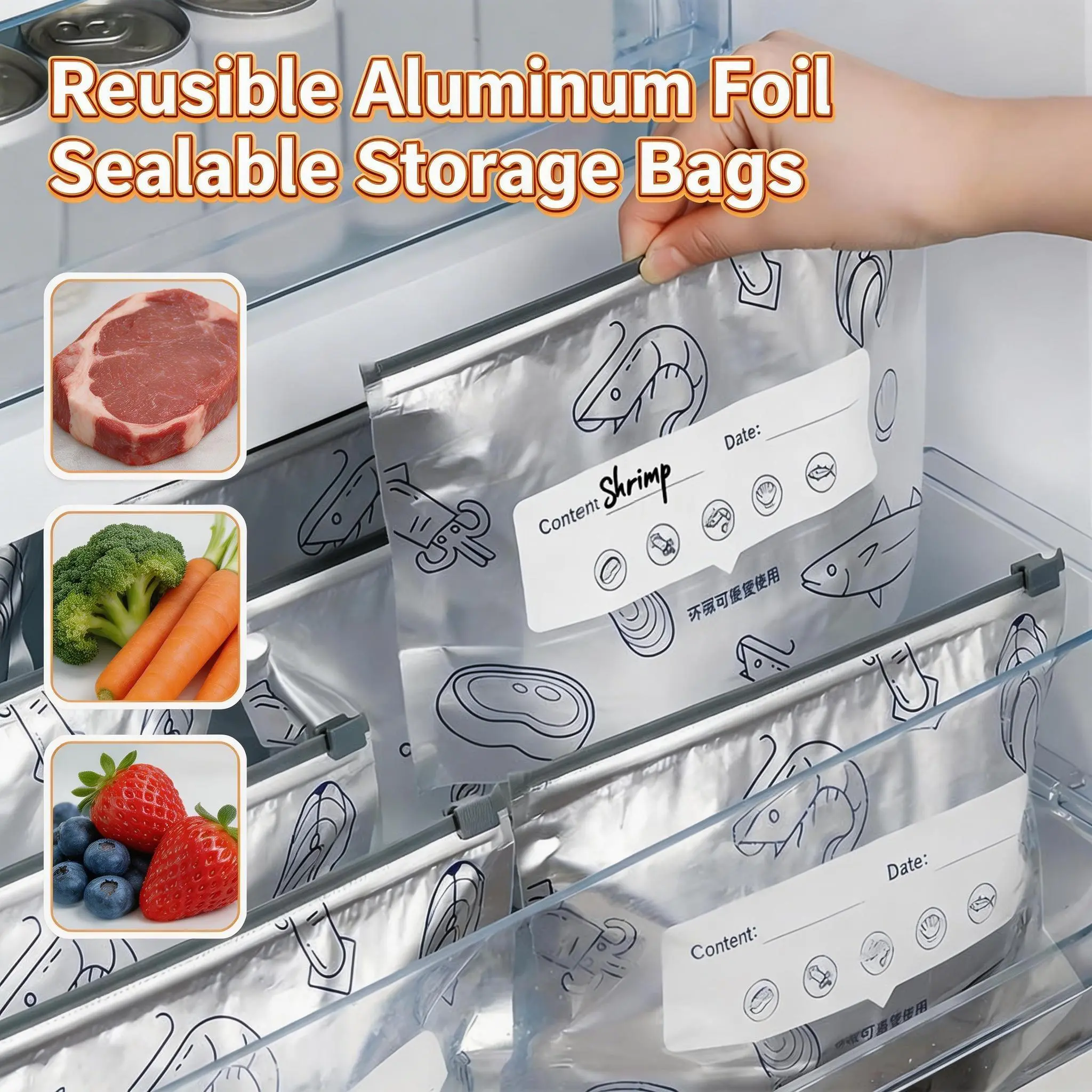 【Beware of Fakes】Reusable Thick Aluminum Foil Storage Bags, Upright Airtight Zipper-Seal Kitchen Supplies with Labels, Insulation for Vegetables, Meat