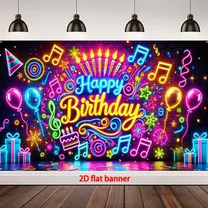 Happy Birthday Banner Decoration, Durable Polyester Material, Neon Music Party Background with Colorful Lights, Indoor Outdoor Use