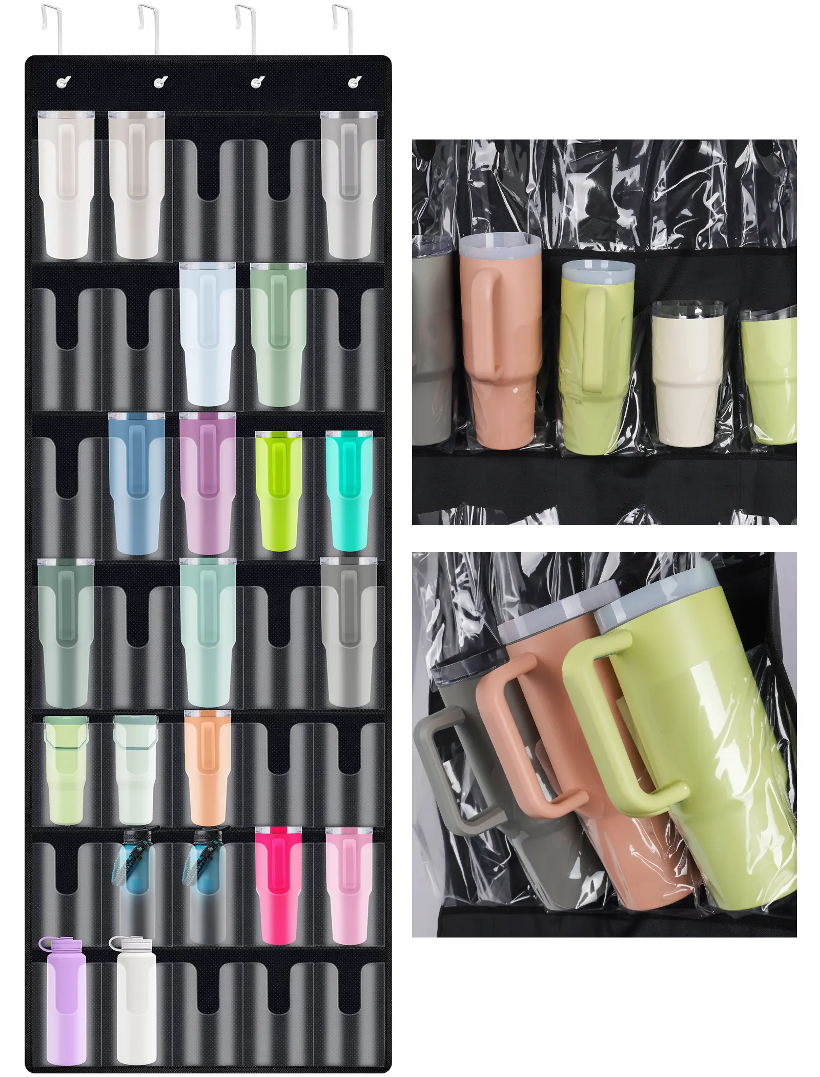 NiHome Waterproof Foldable 35-Pocket Large Capacity Door Cup Organizer Storage, Door-Hanging Water Bottle Holder for 30oz-40oz Tumblers with Double-Sided Tape Stabilizer