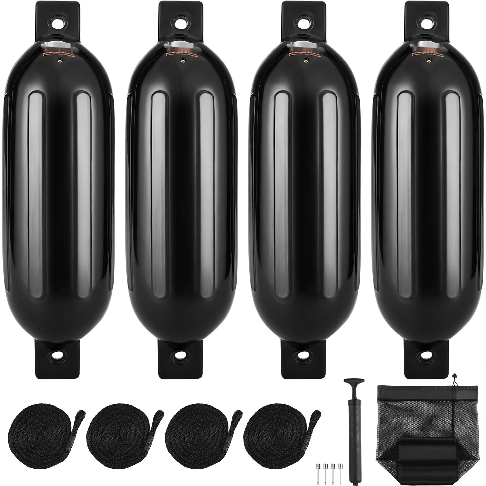 Boat Fenders, 6.5-Inch By 23-Inch Inflatable Ribbed Fender With Center Holes, Marine Dock Fender Bumper For Boat Docking, Air Pump Included, 4 Needles And 4 Ropes With Storage Bag, Black