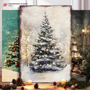 Vintage Snowy Christmas Tree Canvas Wall Art – Retro Winter Pine with Twinkle Lights, Cozy Holiday Home Decor