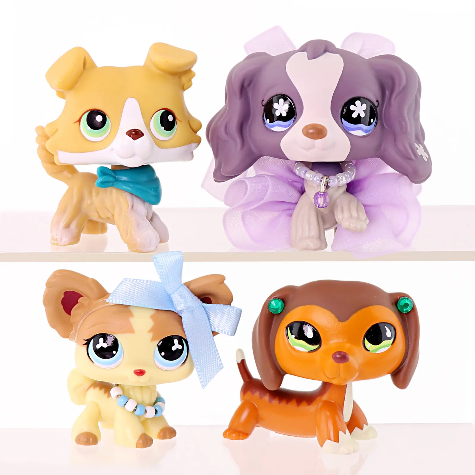 4 Pcs Mini Puppy Figurines Set, Cartoon Dog Collectible Figures with Accessories, Hand-Painted Pet Statues, Desktop Ornament Gift for Hobby Collectors