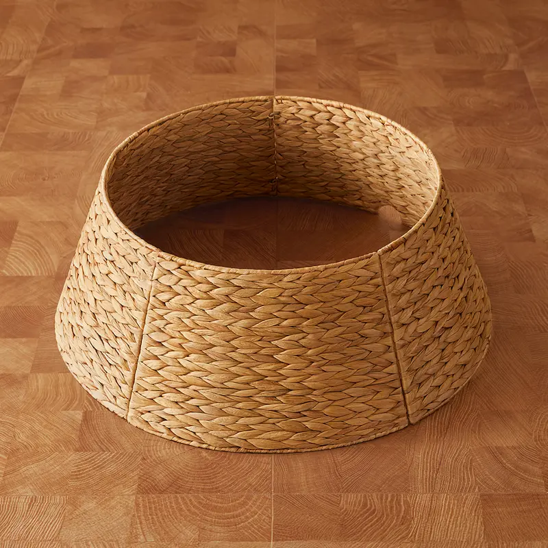 28in Round Country Rustic Natural Woven Rattan Hyacinth Christmas Tree Collar - Cord-Cutout Base Cover Basket, Indoor Christmas Decor, Party Decoration for 4ft-7.5ft Artificial Trees