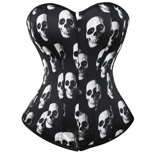 Milalee Women's Corset Overbust Bustier Top Skull Basque Gothic Showgirl Costumes Plus Size Black Lace-Up Design 808 skull