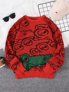 Men's Cartoon Crocodile Print Round Neck Sweater Without Necklace, Regular Fit Long Sleeve Crew Neck Knit Jumper for Fall & Winter, Men's Knitwear for Casual Daily Wear