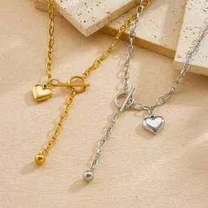 Trendy Style Irregular Chain OT Clasp Heart Pendant Stainless Steel Punk Necklace