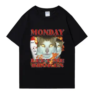 Funny Monday Left Me Broken Cat Meme Pattern T-shirts Men Style Casual Short Sleeve T-shirt Fashion Retro Oversized clothing
