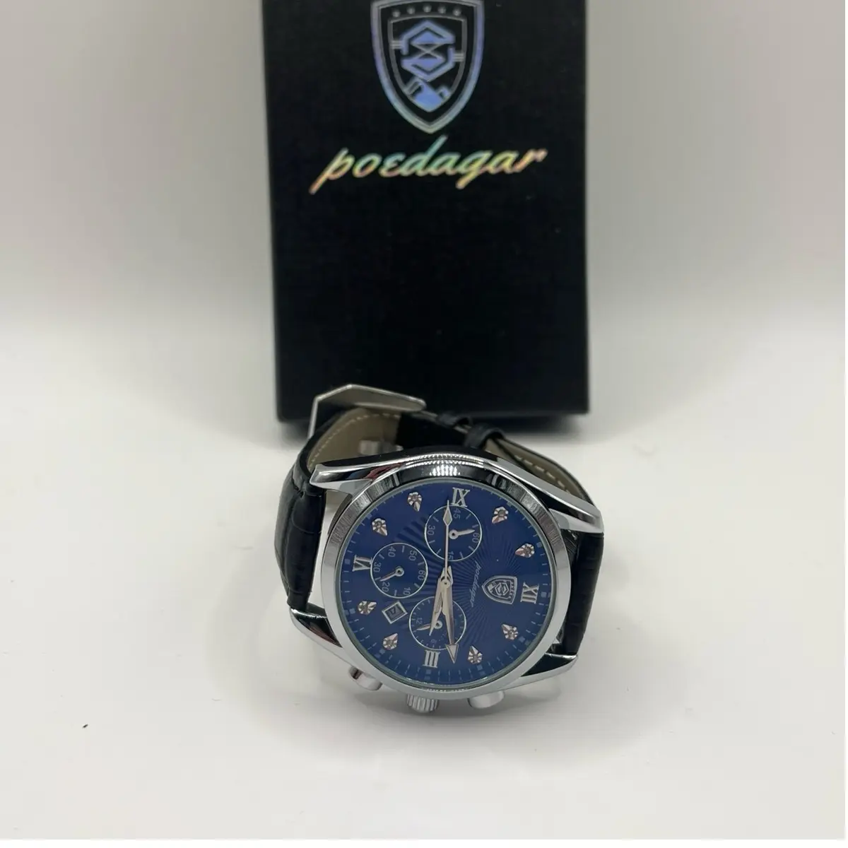 POEDAGAR SWISS MADE WATCH BLACK LEATHER STRAP