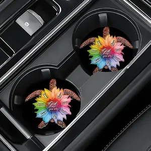 2pcs/Set Inspirational Quotes Sunflower Turtle Car Coasters, 2.75" Round Clean And Replace, Rustic Car Accessories