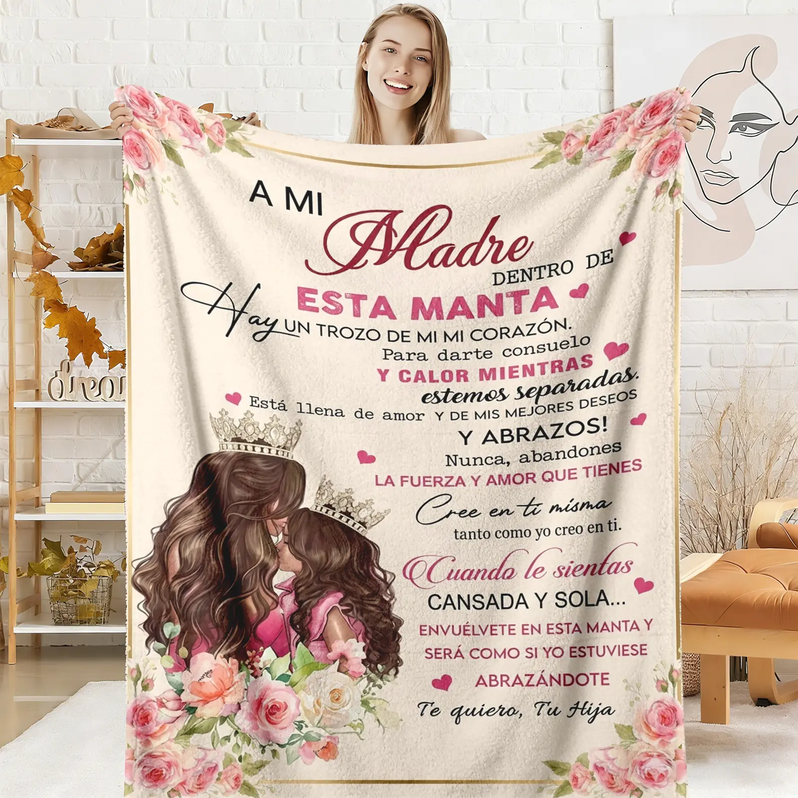 A Mi Madre Relax Throw Blanket, Spanish Daughter Love Soft Cozy Warm Flannel Blanket, Rosa Watercolor Hug Design, Regalo Para Mama Holiday Gift for Bedroom Couch Decor, Relax Throws