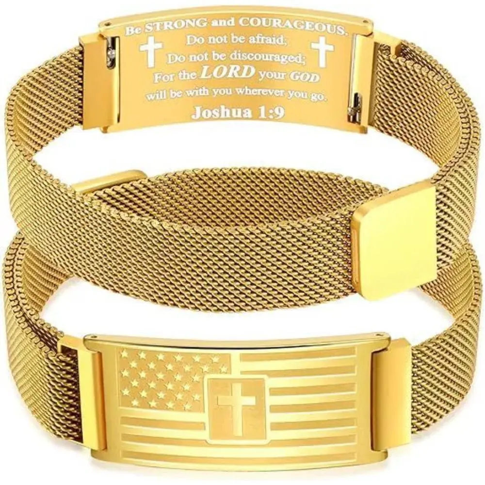 Stainless Steel American Flag Cross Bracelet with Bible Verse - 250th U.S. Founding Anniversary Religious Unisex Jewelry Gift for Men, Adjustable Strap Flag & Scriptural Text Bracelets & Bangles, Cross Flag