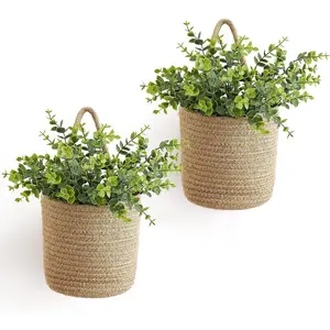 2 Pack Wall Hanging Rope Basket with Artificial Eucalyptus Farmhouse Decor, Jute Woven Storage Organizer Flower Plants Basket Set Rustic Wall Decor for Porch Living Room Bedroom Entryway,Brown