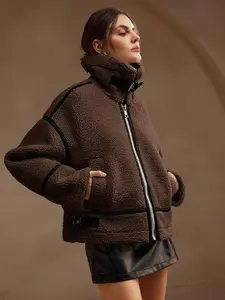 Women's Coffee Brown Faux Shearling Patchwork Jacket Zip-Up Stand Collar Loose Fit Winter Coat Warm Chic Outerwear For Fall & Winter Casual Style