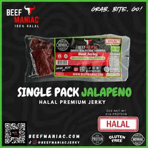 Halal Beef Jerky Single Pack Jalapeño by Beef Maniac | Natural Hardwood Smoked Premium Jerky Made in Michigan