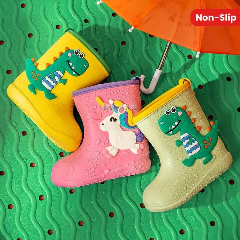 Toddler Kids' Waterproof EVA Fabric Slip-On Rain Boots - Dinosaur, Unicorn, Crocodile Designs, Boys' Outdoor Casual Footwear