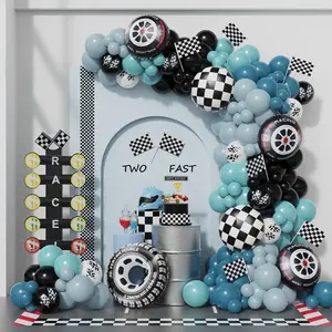 Race Car Balloon Garland Arch Kit with 166pcs featuring dusty blue and black latex balloons, wheel and checkered foil balloons perfect for a two fast birthday party