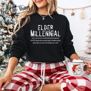 Elder Millennial Women's Crewneck Sweatshirt in Black, Long Sleeve, Heavyweight Cotton, Casual Style, Comfortable for Fall and Holiday Giving Womenswear Hoodie Piece Tops Fit