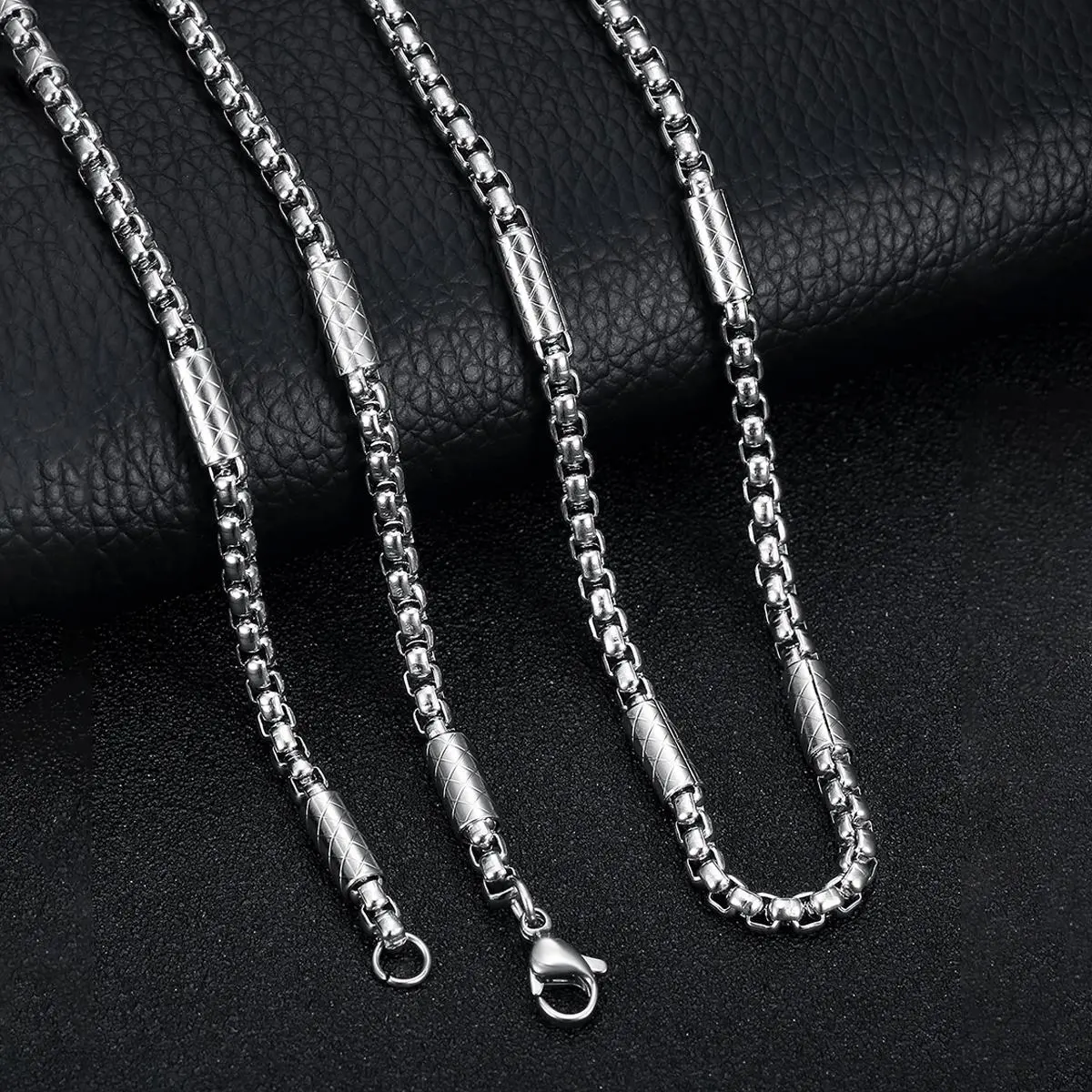 Unisex 2-Piece Stainless Steel Cuban Chain Necklace Set - Simple Hip-Hop Bamboo Knot-Wrapped Geometric Square Pearl Pendant Costume Jewelry, Daily Accessories for Leisure, Anniversary