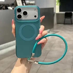 Minimalist Premium Solid Color Magnetic Phone Case For iPhone 17 16 15 14 13 Pro Max with Wrist Strap Protective Case