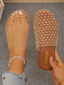 Breathable Hollow-Out Square Toe Sandals, Open-Toe Flat Slippers, Backless Half-Enclosed Design, Woven Mesh Upper, Comfortable Flats, Lightweight Sandals