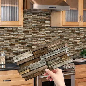 Wood Grain Tile Stickers (12pcs/24pcs/48pcs), Waterproof Oil-Resistant PVC Wall Decals, Self-Adhesive Kitchen Living Room Decor, Home Decor, Kitchen Bathroom Decoration, 4.72x9.68 Inches