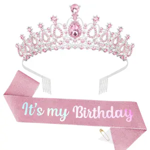 PLL Birthday Crown for Women  It's My Sash & Rhinestone Tiara Set Princess and Decorations Girls- Pink