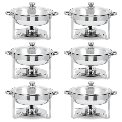 5QT Round Chafing Dish Set (6 Pack&4Pack&2pack) - Stainless Steel Buffet Set with Glass Lids, Fuel Holder & Food Pans - Perfect for Weddings & Parties stainless steel chafers,Banquet Dishware