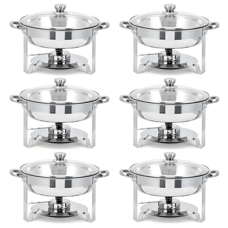 5QT Round Chafing Dish Set (6 Pack&4Pack&2pack) - Stainless Steel Buffet Set with Glass Lids, Fuel Holder & Food Pans - Perfect for Weddings & Parties stainless steel chafers,Banquet Dishware