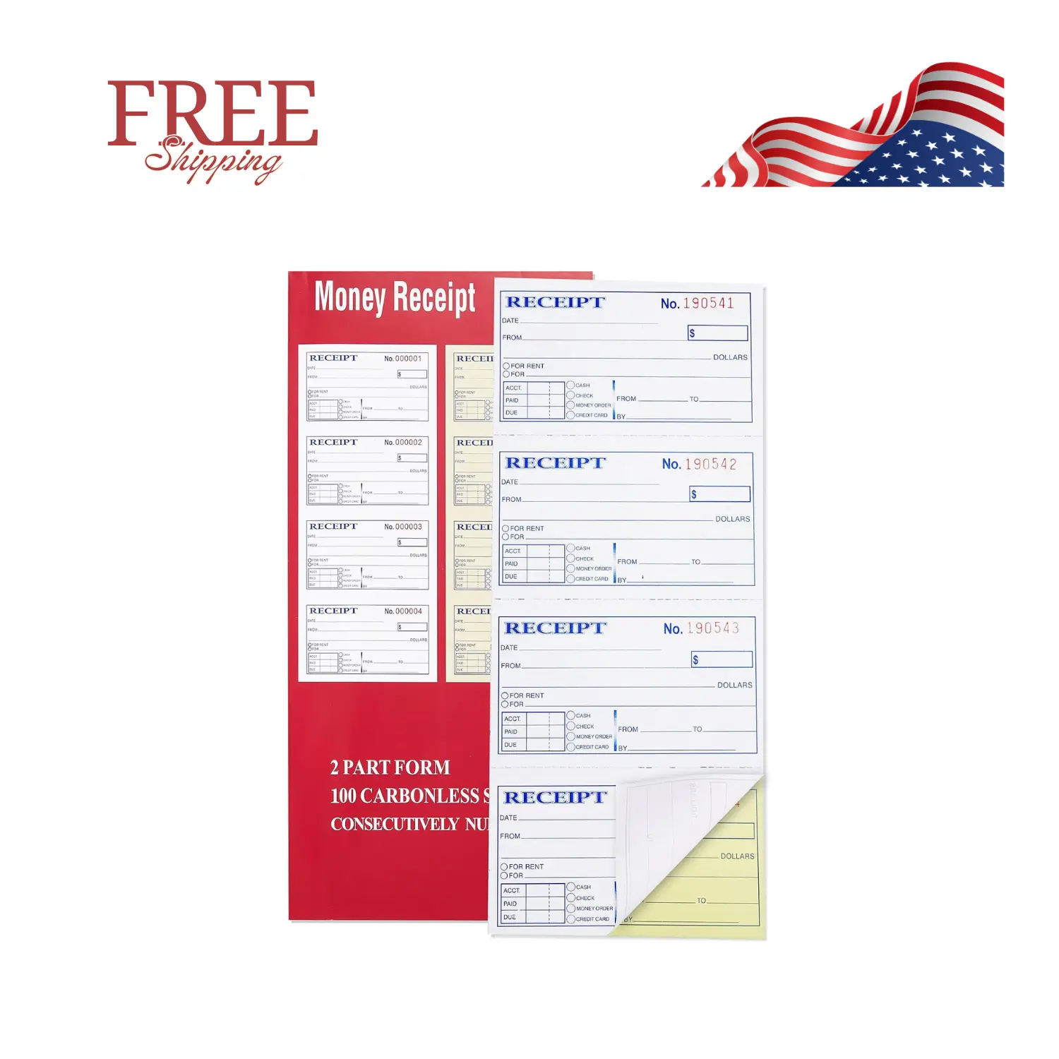 Receipt Book with Carbon Copies, 2-Part carbonless, 100 Sets per Book