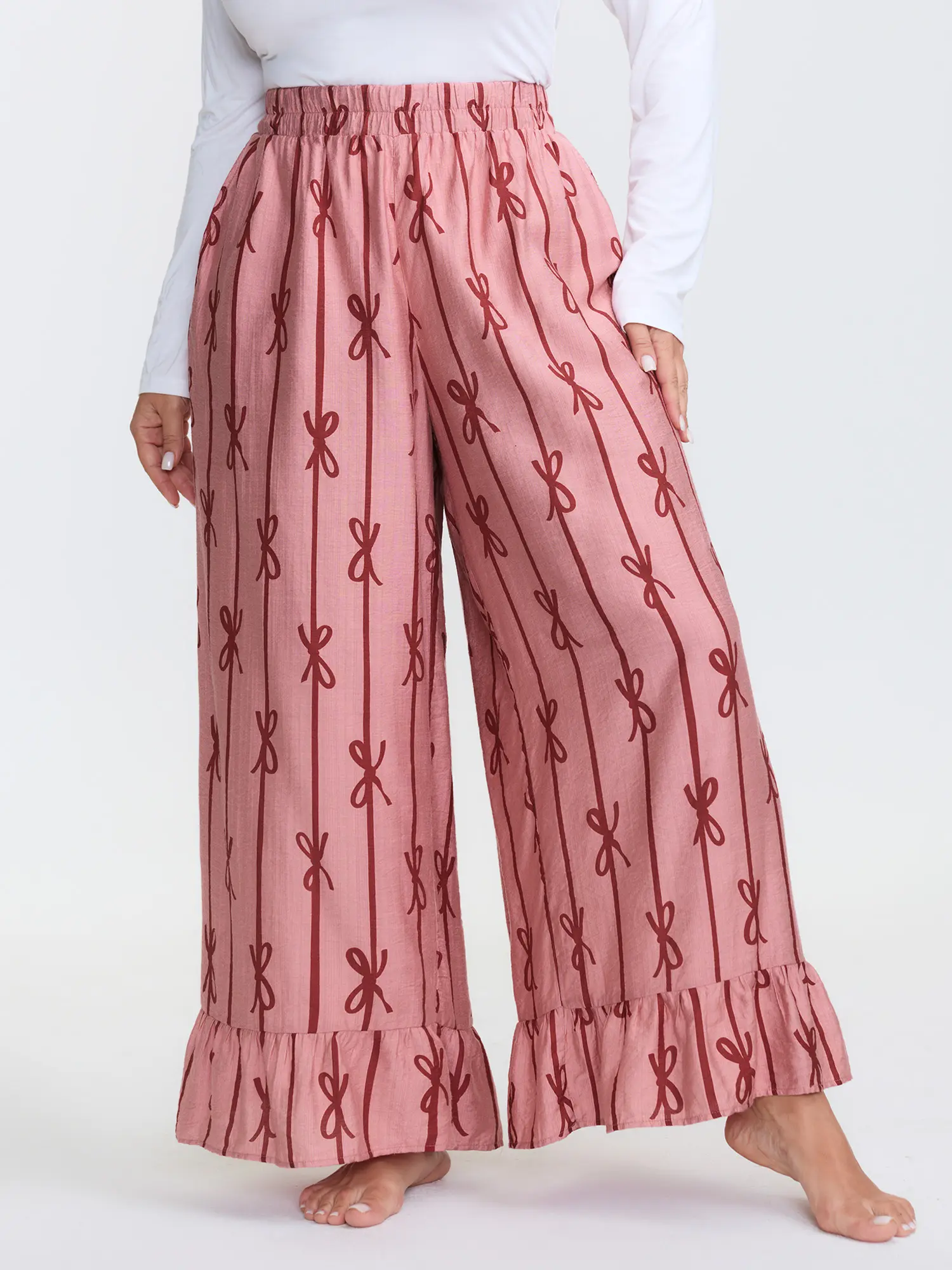 BLOOMCHIC Women's Plus Size Lounge Pants,Pajama Pants with Supersoft Nylon Geometric Striped Casual Pants with Smooth Fabric and Pocket,Cute Bow Print Lounge Pants,High Waist Relaxed Fit,Soft Summer Vacation ,Summerfinds