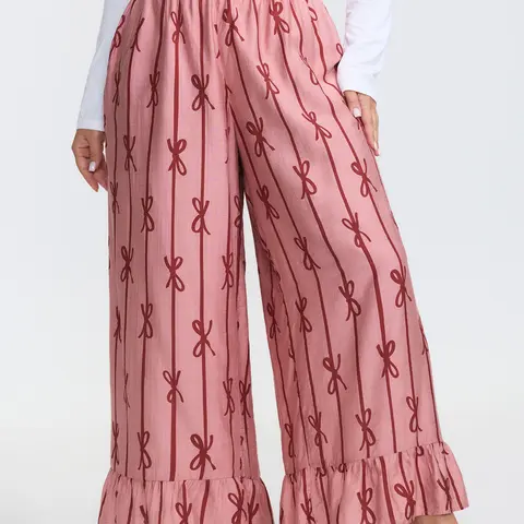 BLOOMCHIC Women's Plus Size Lounge Pants,Pajama Pants with Supersoft Nylon Geometric Striped Casual Pants with Smooth Fabric and Pocket,Cute Bow Print Lounge Pants,High Waist Relaxed Fit,Soft Summer Vacation ,Summerfinds，SohoChic