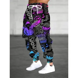 [Halloween Comic Letter Joggers] Machine Washable Halloween 3D Comic Letter Print Joggers - Men's Casual Polyester Sweatpants with Drawstring & Pockets