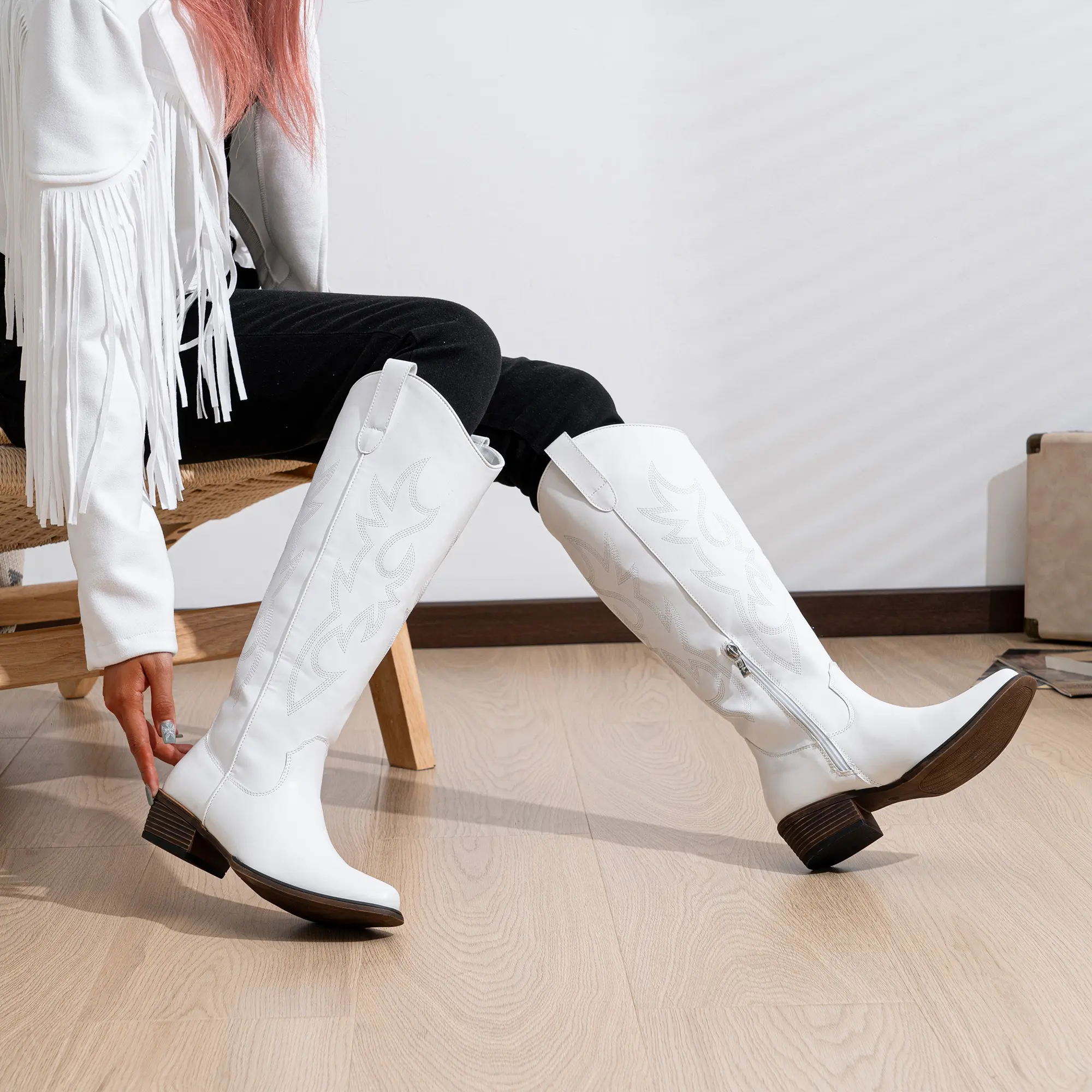 [Exclusive Offer] Women's Soft White Leather Shoes Mid Calf Cowgirl Boots with Low Heel Female Sneaker Platform Sandals