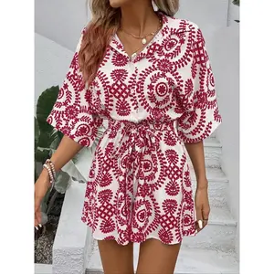 Women's All Over Paisley Print Batwing Sleeve Tie Side Shirt Romper, Casual Patchwork Printed One-piece Overalls for Summer, Women's Clothes for Daily Wear, Bohemian, Boho Casual Romper