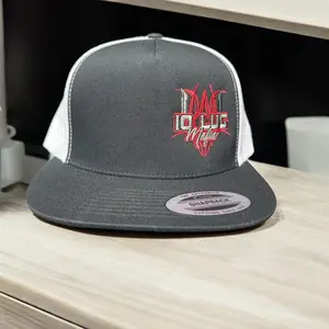 Flatbill SnapBack Trucker Hat Red Pinstripe Logo Gray & White Adjustable Cap