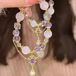 Women's Light Luxury Stackable Purple Glass Bead Bracelets Set - Crystal-Accented Wristwear with Butterfly, Tassel Pendants, Ideal for Daily Wear (DIY Bag Accessory)