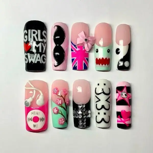 Y2K Emo Scene Press On Nails | Retro Music Player | Cute Monster | UK Flag Inspired | Rhinestone 3D Nail Art Set | Trendy Nails 2026 | Cool Gift for Girls