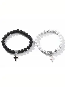 The 2-piece set of white turquoise volcanic stone cross couple bracelet is suitable for daily wear, vacation and dating occasions, and is also a surprising and exquisite small gift, Premium bracelet