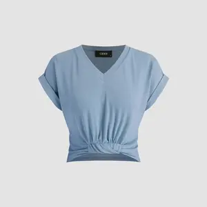 Cider [8 colors, size 2-10] V-neck Solid Ruched Crop Top