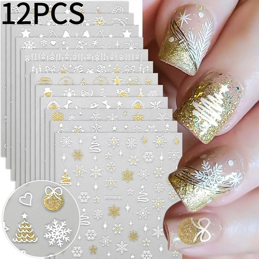 12pcs Gold White Christmas Nail Art Stickers Y2K Bronzing Xmas Tree Snowflake Snowman Star Sliders Deer New Year Manicure Decal