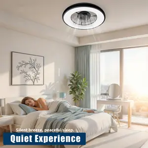 Modern Quiet Acrylic Ring Ceiling Fan Light, Circular Sleek Black Fandelier, Silent Fan Light Kit, Energy Efficient Easy Install for Bedroom Living Room Home Decor