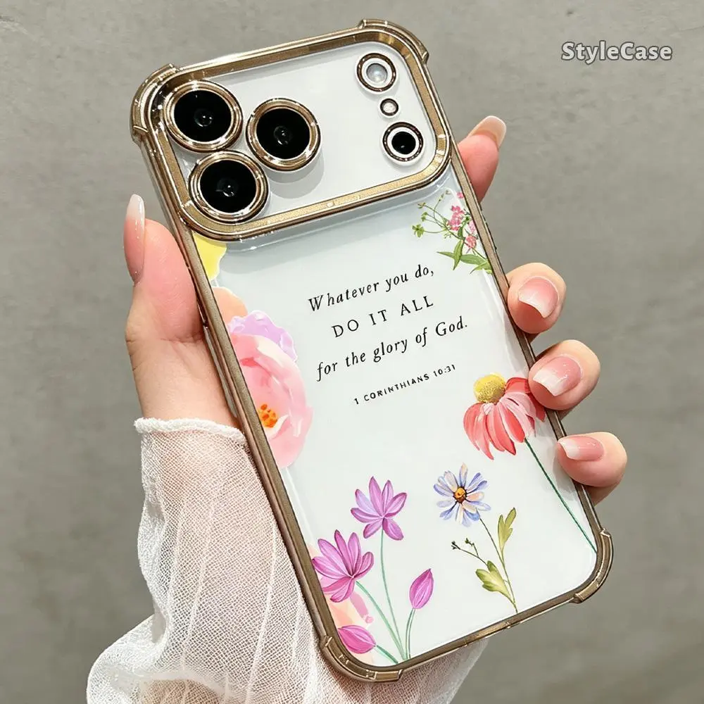 Christian Floral Quote Phone Case for iPhone 17 Pro Max Air 16 15 Plus 14 13 12 11, Glory of God Pink Clear Cover, Durable Protective Gift Case DDSJ260604006