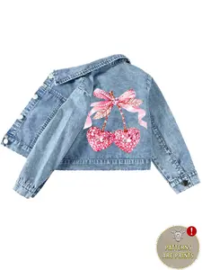 Girls' Cherry Bowknot Printed Denim Jacket, Light Blue Washed Collar Single Button, Soft Breathable School Daily Sweet Party Wear