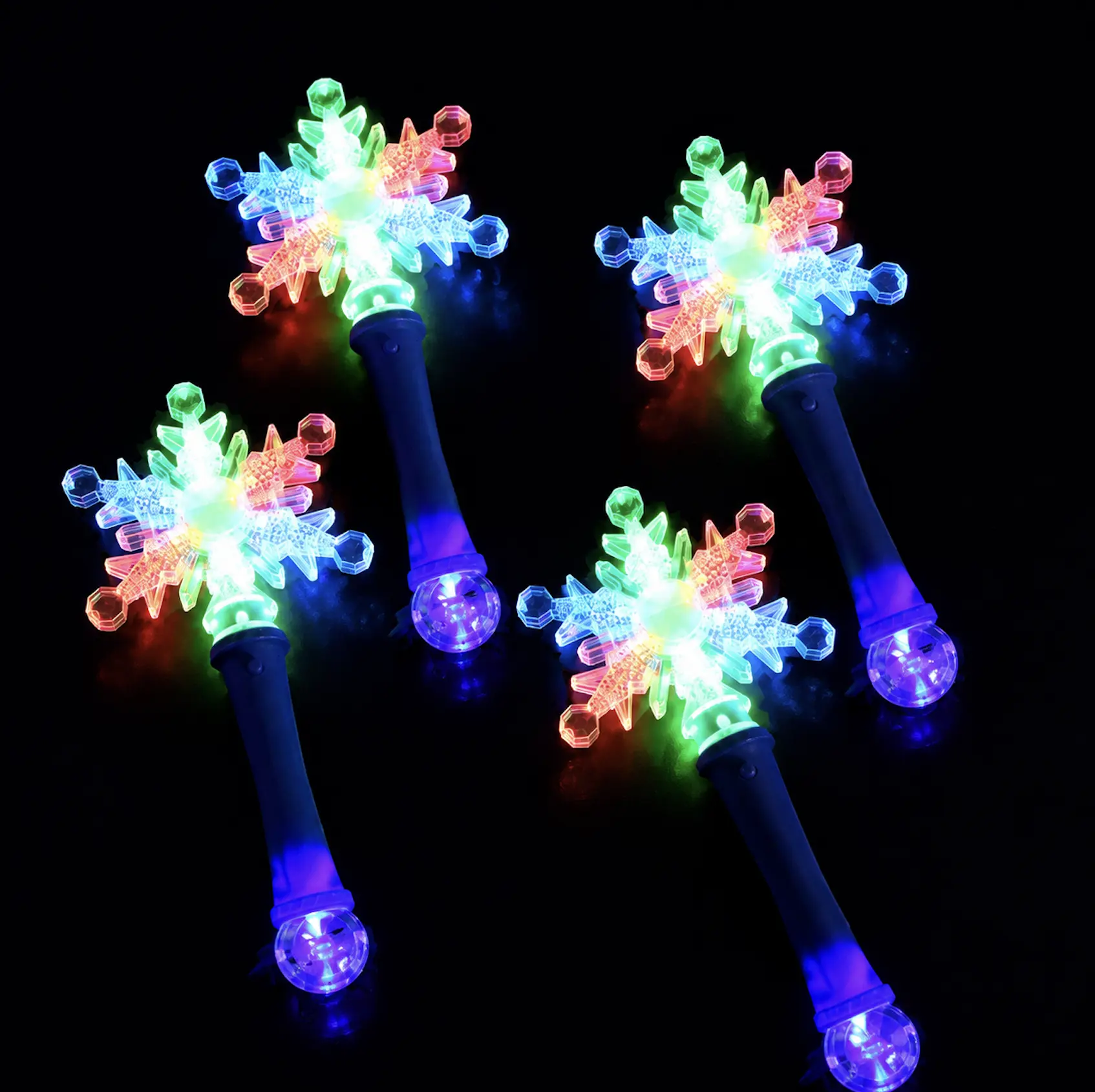 LED Snowflake Wands Light-Up Toys with Crystal Ball Handle - Blue & Red Handles, 3 Flashing Light Modes, Batteries Included, Perfect for Parties & Gifts