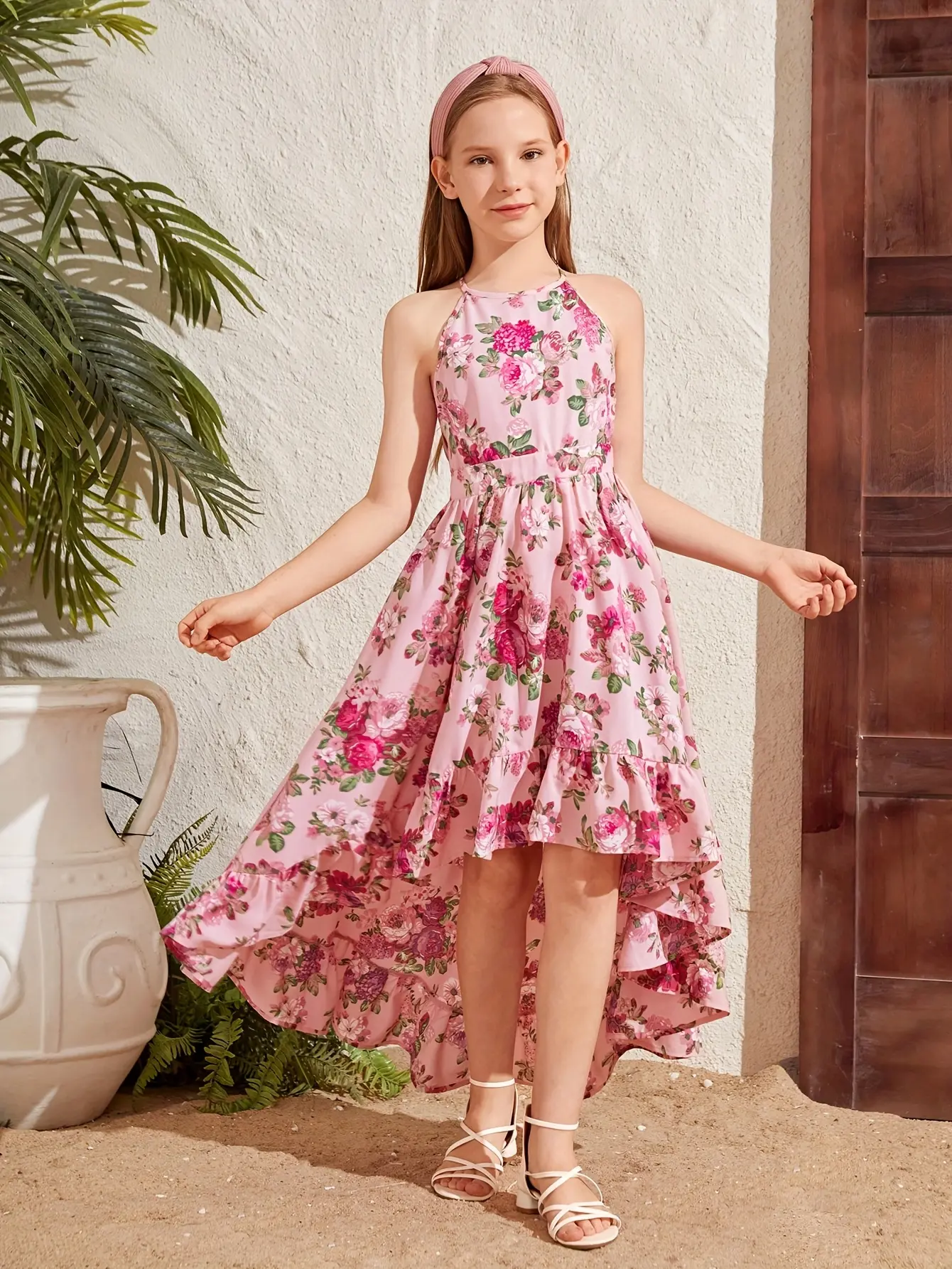 Girls' Dress in Original Cherry Print, High Waisted Girly Style with Back Strap, Combed Cotton for Birthday Party & Going Out