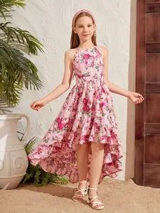 Tween Girl Back-Tie Sleeveless Floral Print Dress For Resort Vacation Holiday Outfits