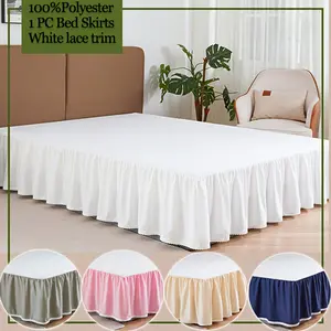 Pure Color Patchwork Fleece Ruffle Bedskirt, Pleated Leaf Hem + Small Flower Trim, Elegant Style Full Coverage Bed Skirt