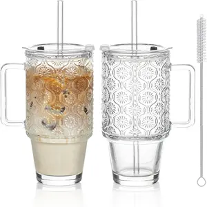 24 Oz Ribbed Glass Tumblers with Lids and Straws, Tumbler Cup with Handle, Iced Coffee Glassware, Clear Reusable Drinkware for Smoothies and Beverages