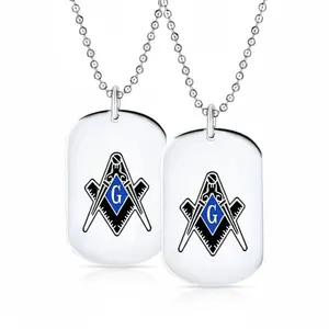 Set of 2 Black Blue Freemason Compass Masonic Dog Tag Necklace Stainless Steel